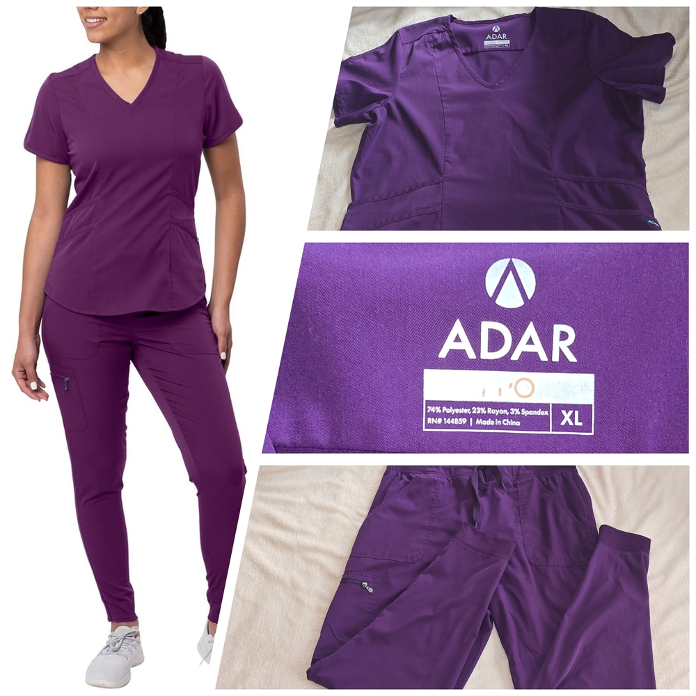 Adar Pro Modern Athletic Scrub Set In Eggplant V-Neck Scrub Top &  Jogge…